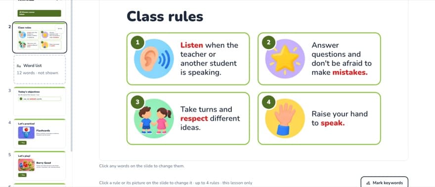 A lesson in Redi2Teach’s slide builder, showing its class rules slide